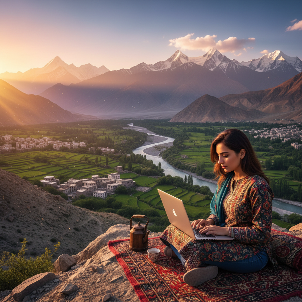 Pakistani freelancer working on laptop cafe