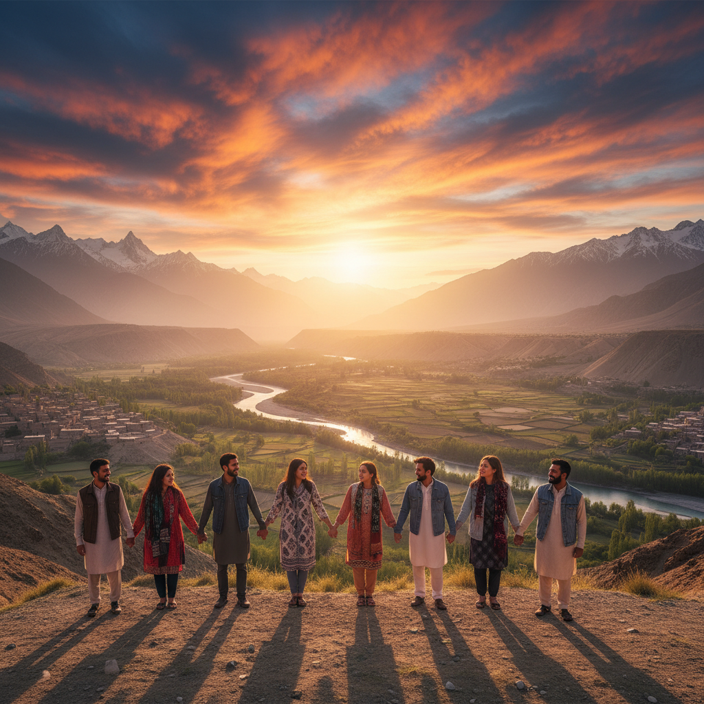 Diverse group of young Pakistanis using mobile phones