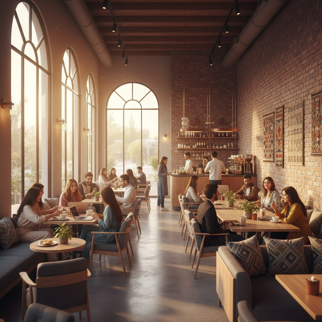 Friends gathering at modern cafe Islamabad Pakistan