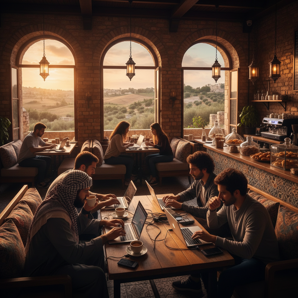 people working on laptops in a cafe in Palestine