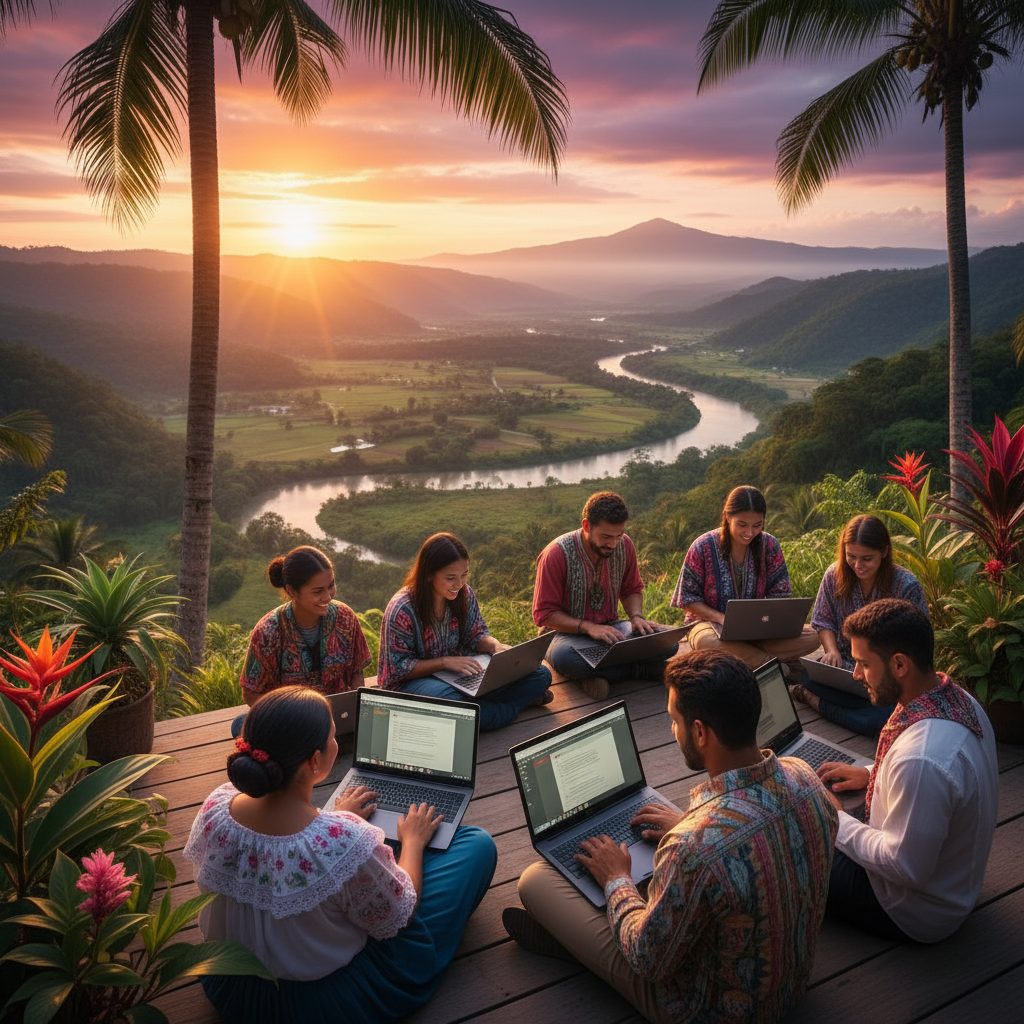 Panama people working on laptops, horizontal