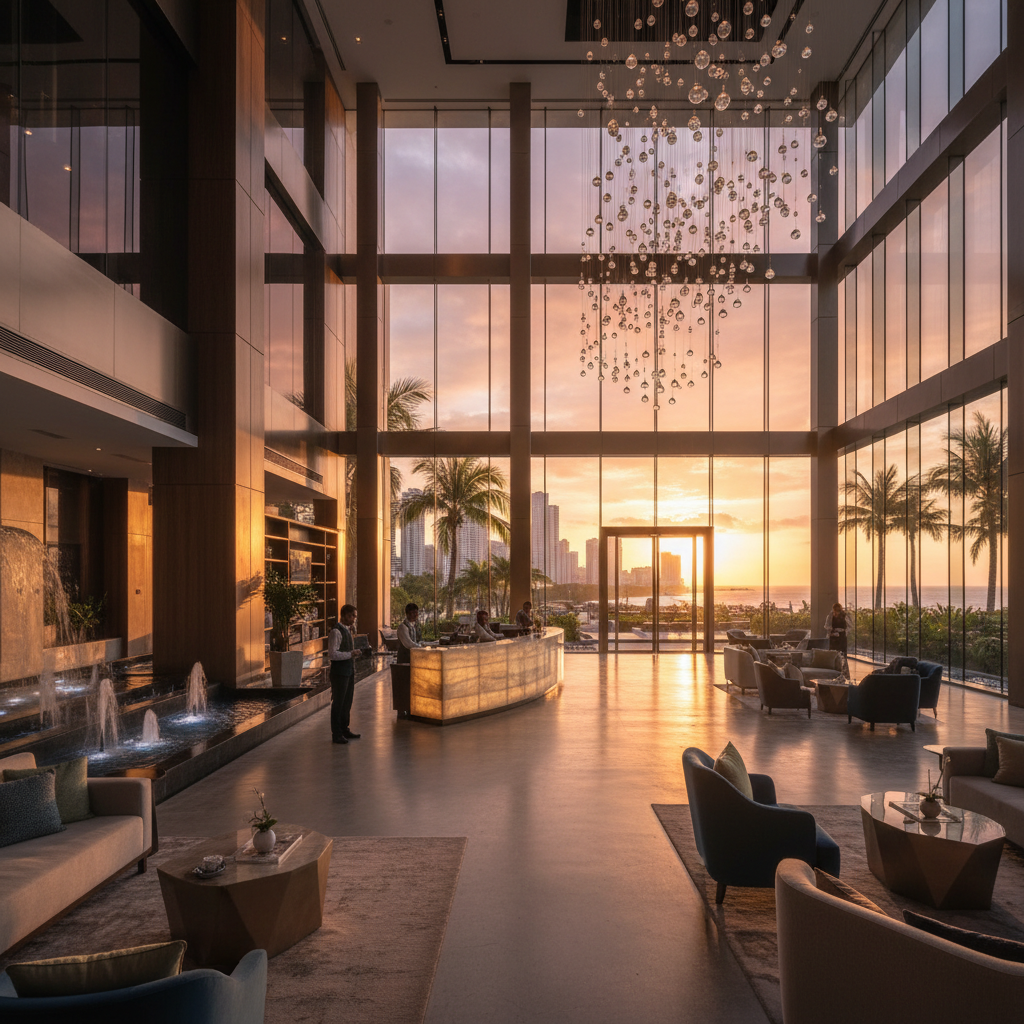 Modern hotel lobby Panama City, horizontal