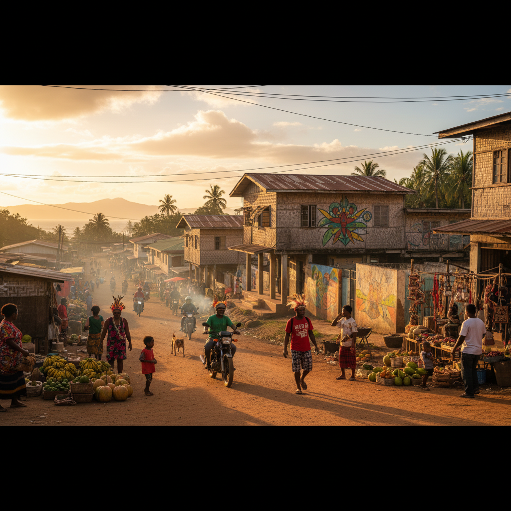 street scene in a major city in Papua New Guinea, showing local architecture and daily life, daytime, realistic, horizontal