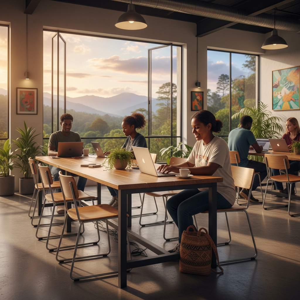 Papua New Guinean individual working on a laptop in a bright, modern co-working space, showing economic activity, daytime, realistic, horizontal
