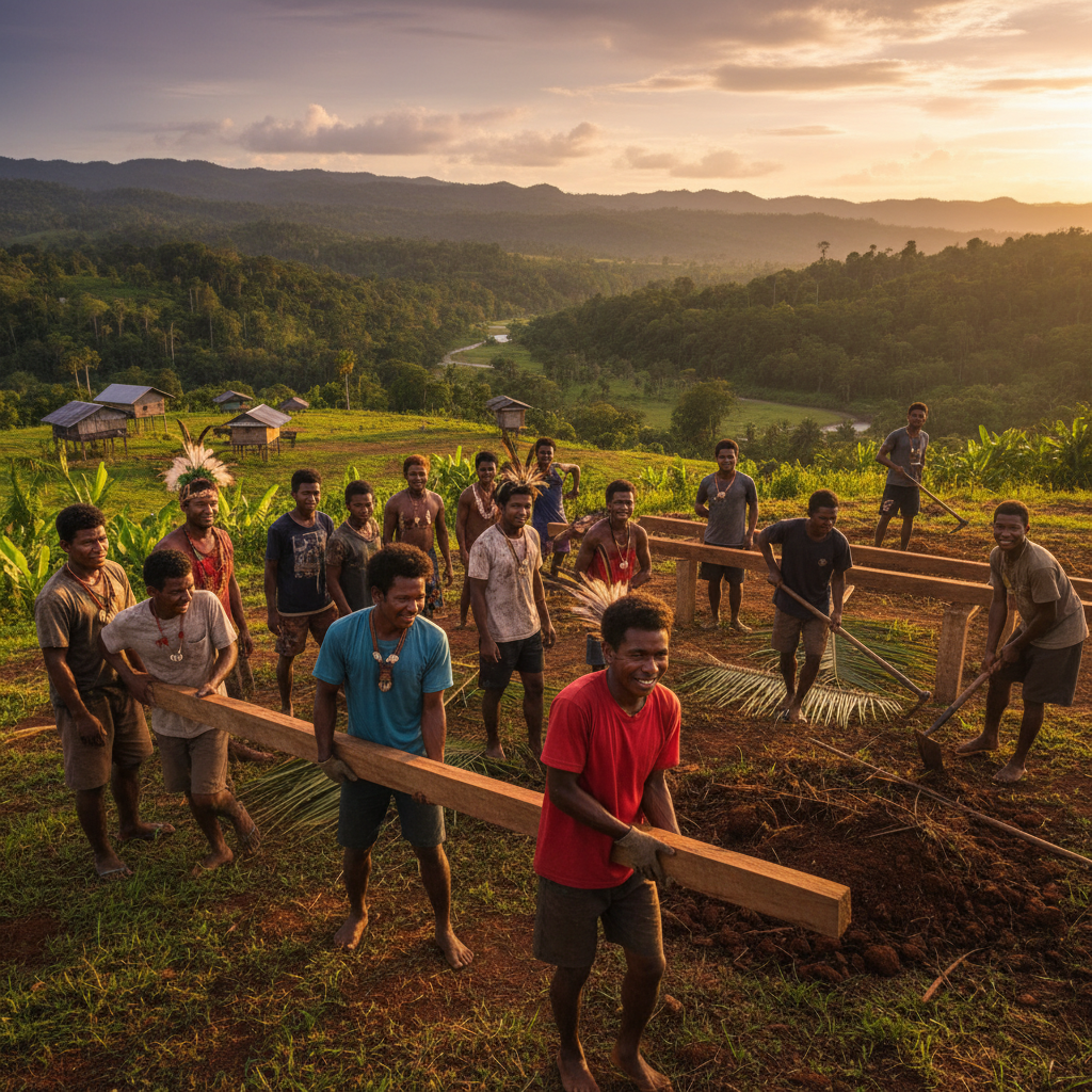 diverse group of young Papua New Guineans working together on a community project, showing collaboration and progress, daytime, realistic, horizontal