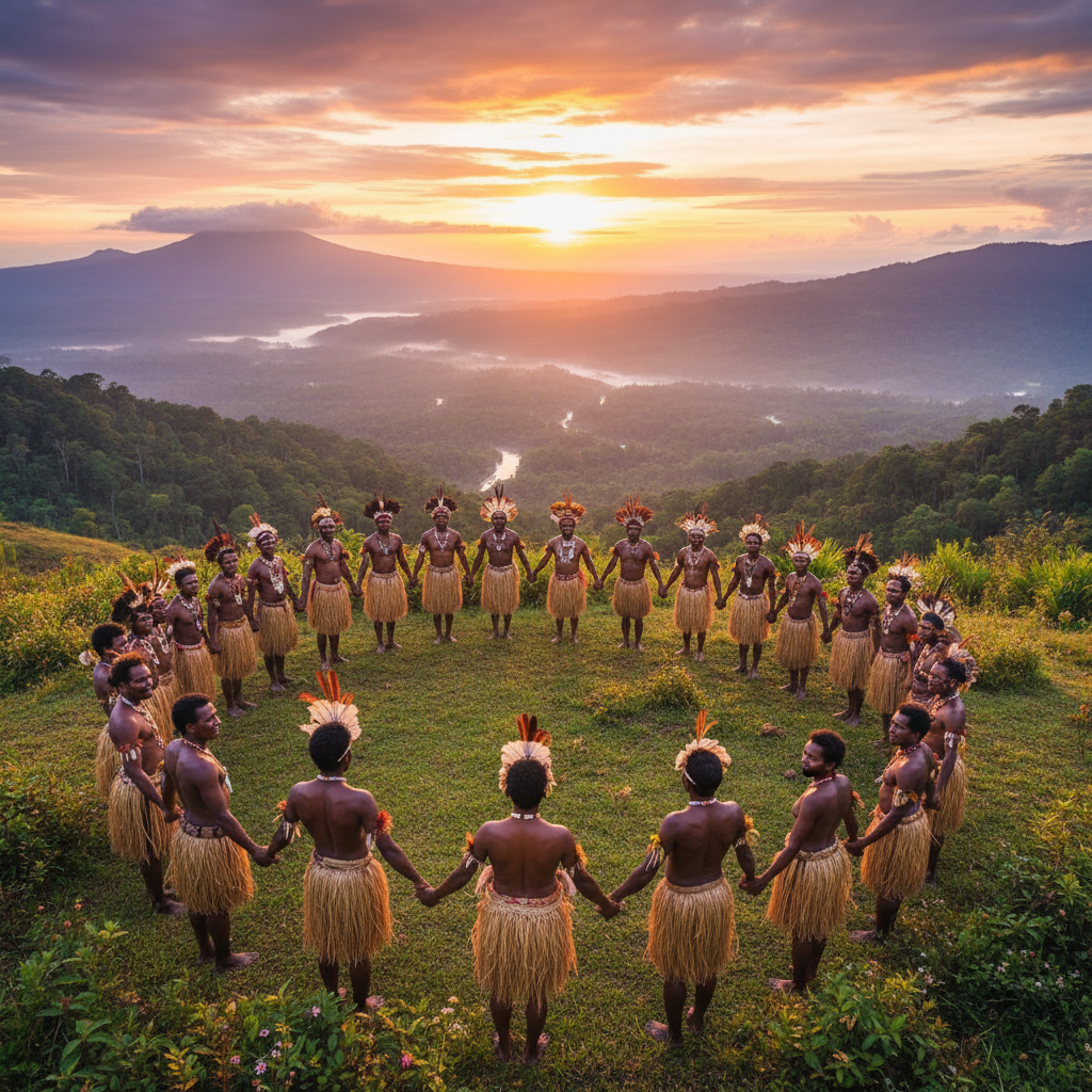 diverse group of people joining hands in a circle in Papua New Guinea, symbolizing community and connection, bright lighting, realistic, horizontal
