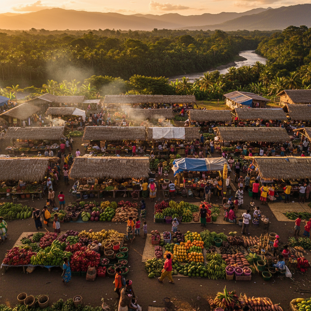 overhead view of a bustling market in Papua New Guinea, vibrant colors, daytime, people interacting, realistic, horizontal