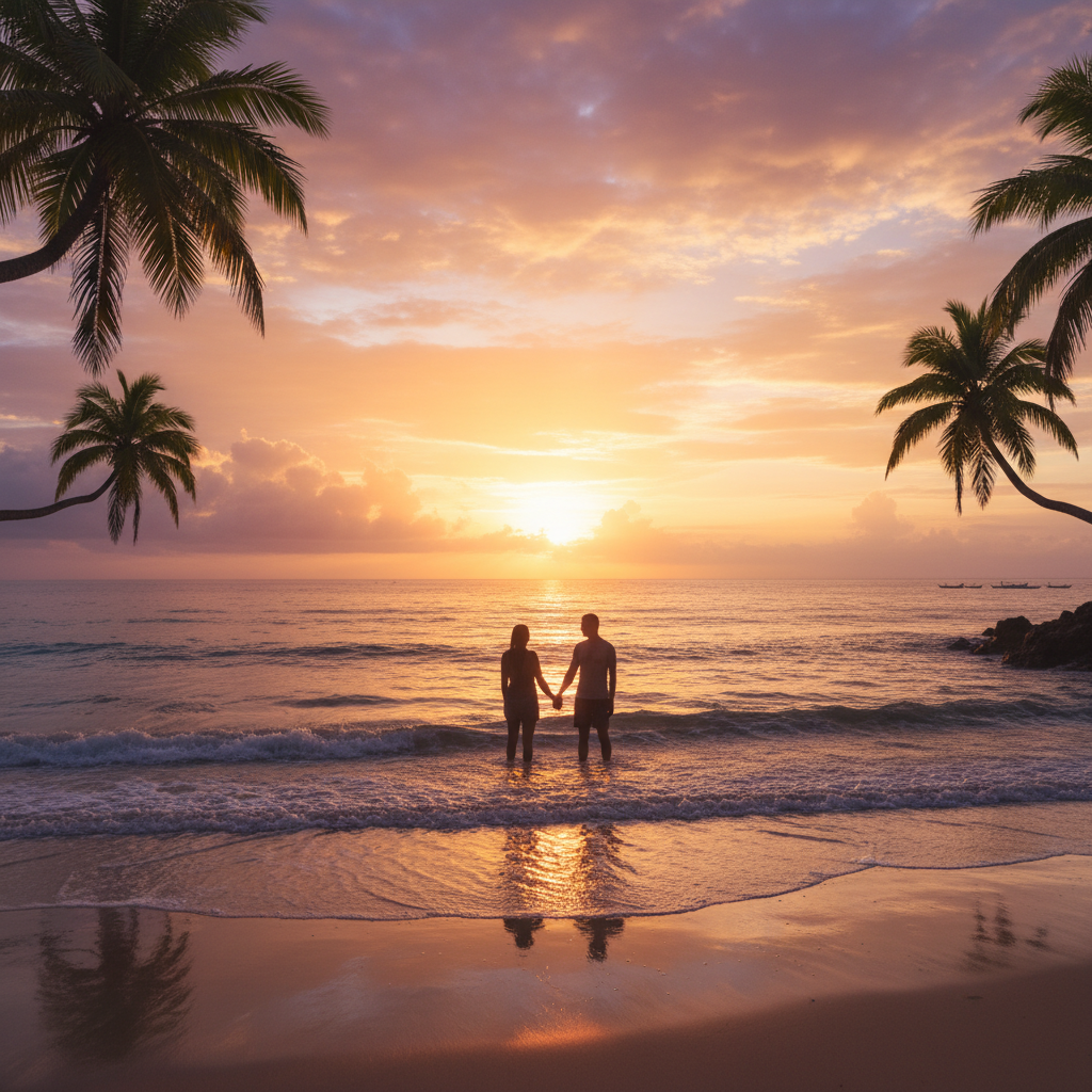 romantic sunset view over a beach in Papua New Guinea, serene atmosphere, couple silhouetted, realistic, horizontal