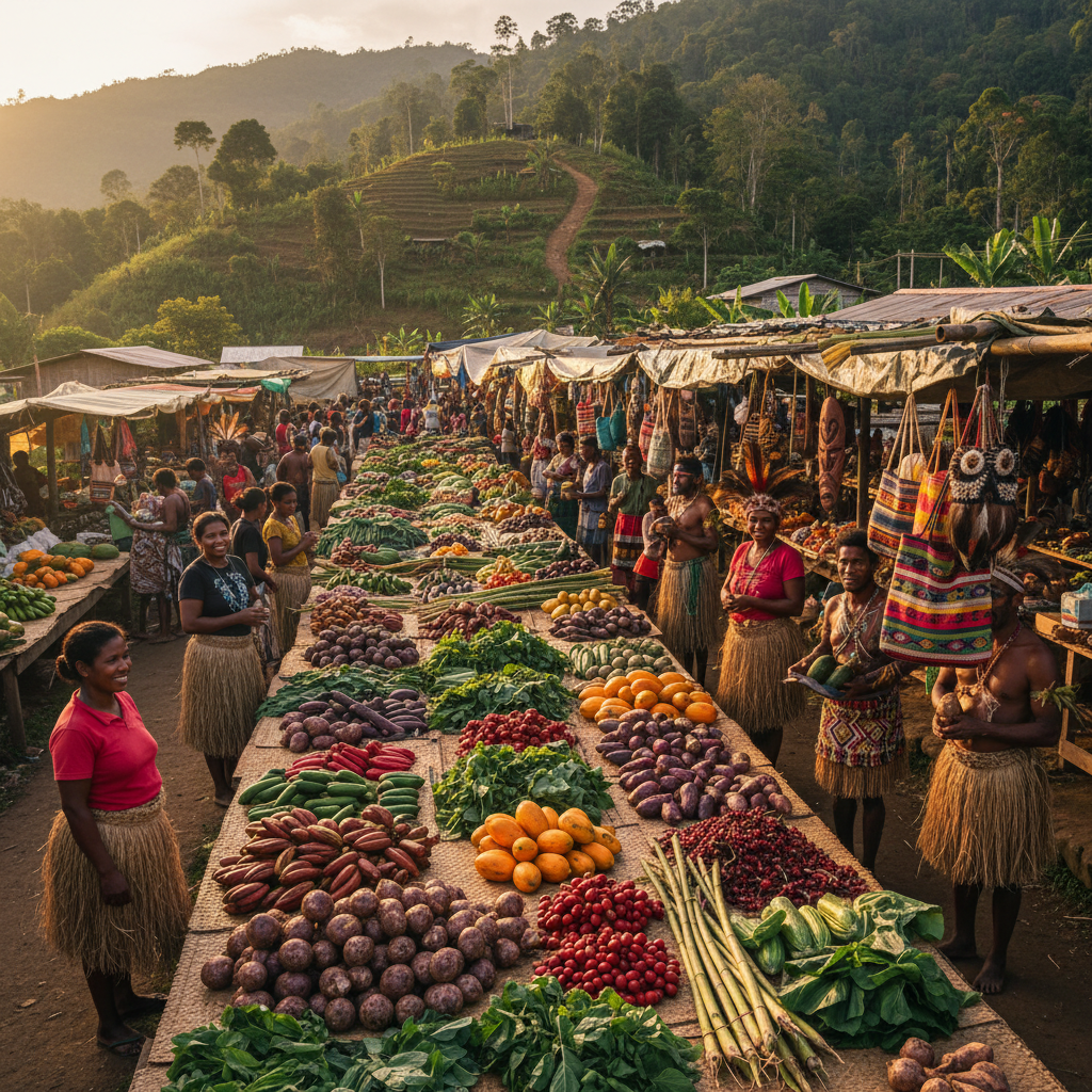 colorful display of local produce and crafts at a market in Papua New Guinea, focus on local products, daytime, realistic, horizontal