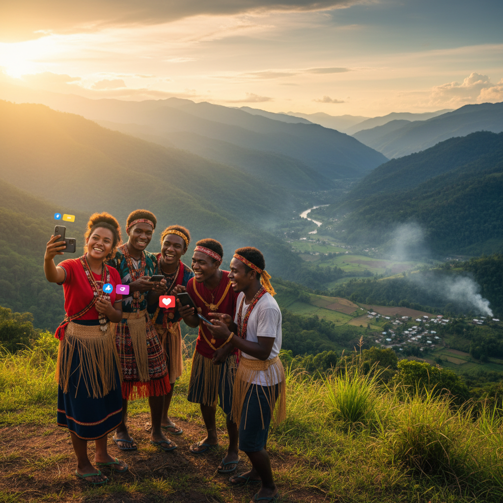 young Papua New Guineans looking at smartphones, showing engagement with social media trends, bright lighting, realistic, horizontal