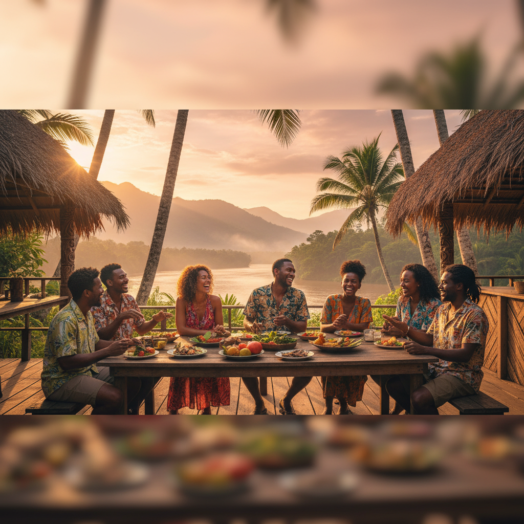 group of friends laughing and talking at a casual outdoor eatery in Papua New Guinea, warm lighting, realistic, horizontal