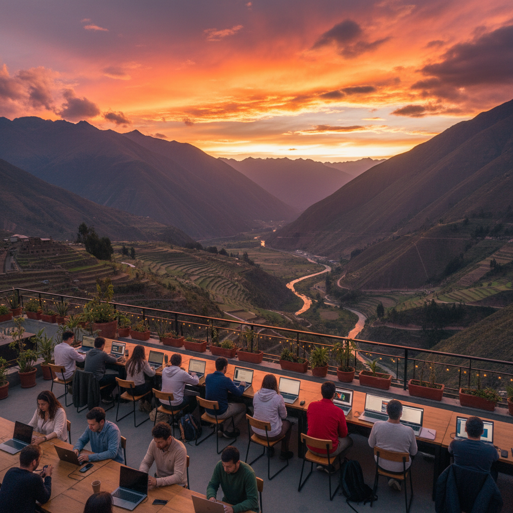 people working on laptops in a coworking space Peru horizontal