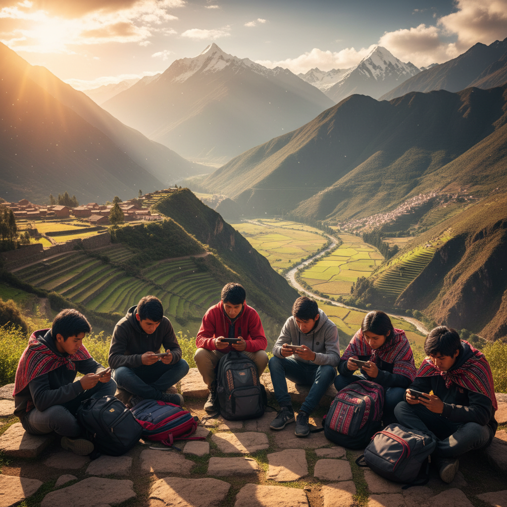 Peruvian youth engaging with smartphones horizontal