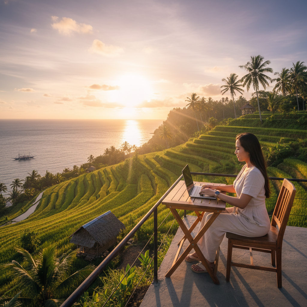 Filipino entrepreneur working on laptop earning horizontal
