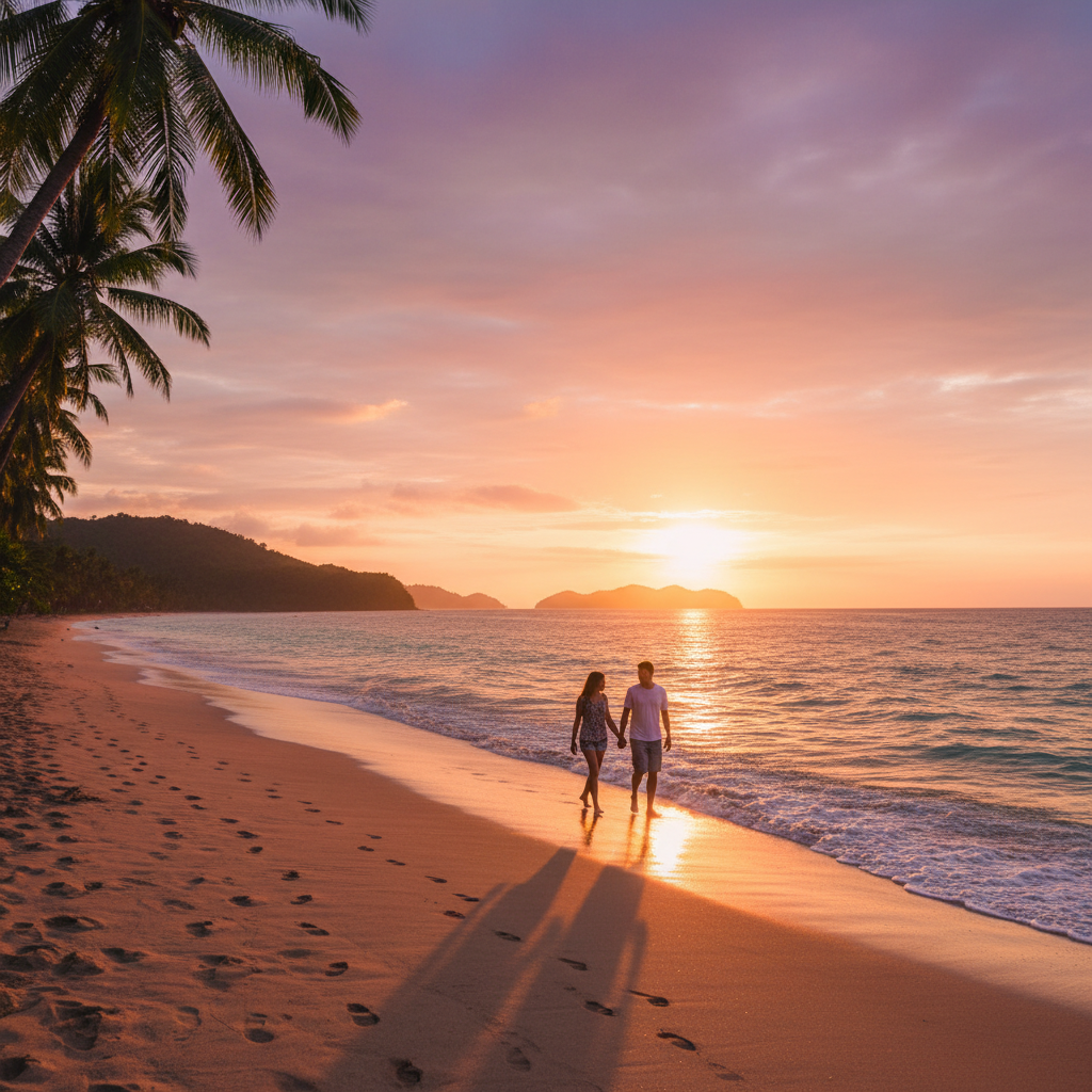 Romantic couple walking on a beach Philippines horizontal