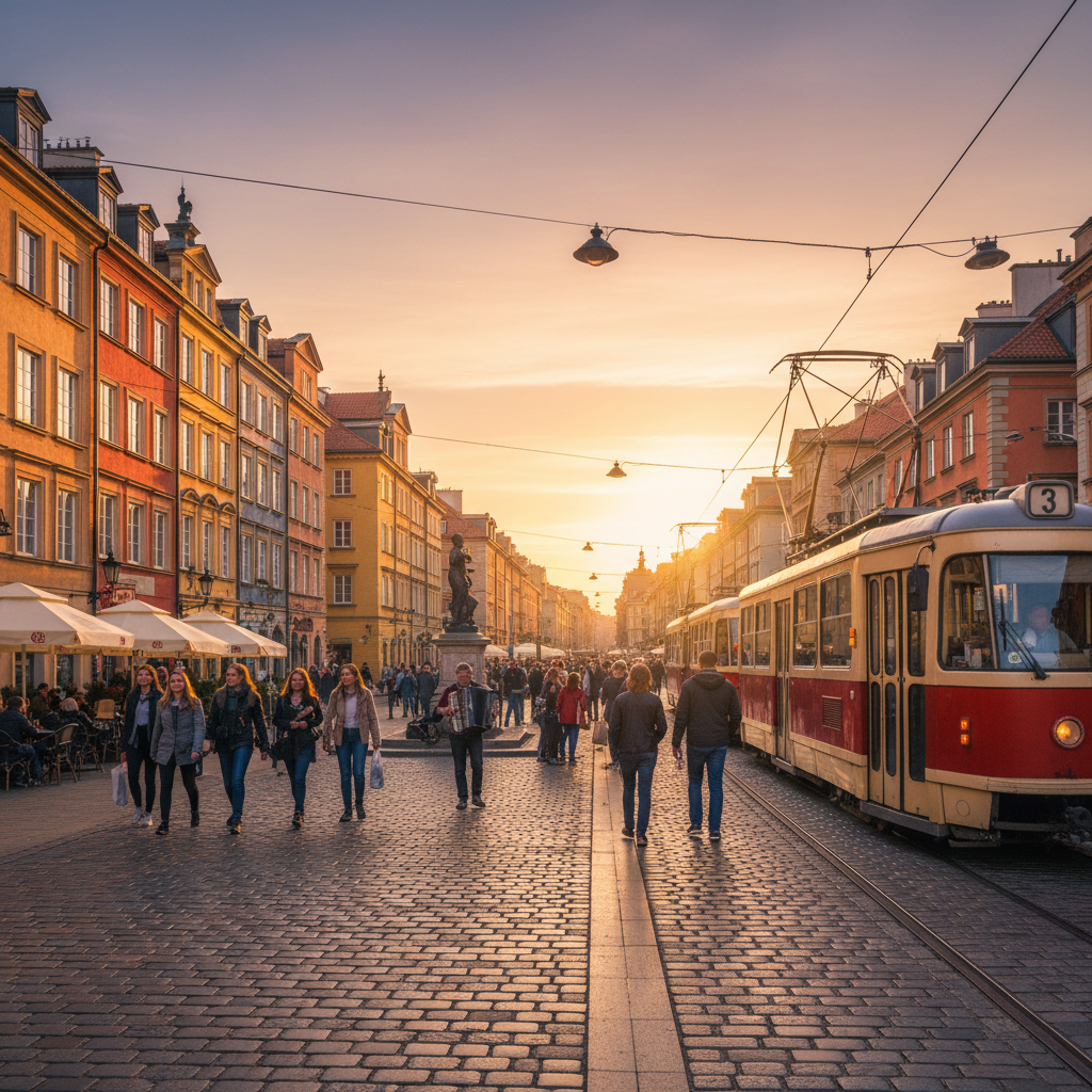 vibrant street scene in Warsaw, Poland, horizontal