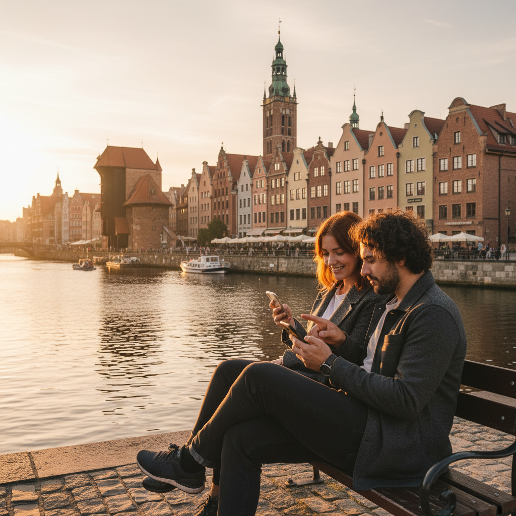 couple on a date using a dating app in Gdansk, horizontal