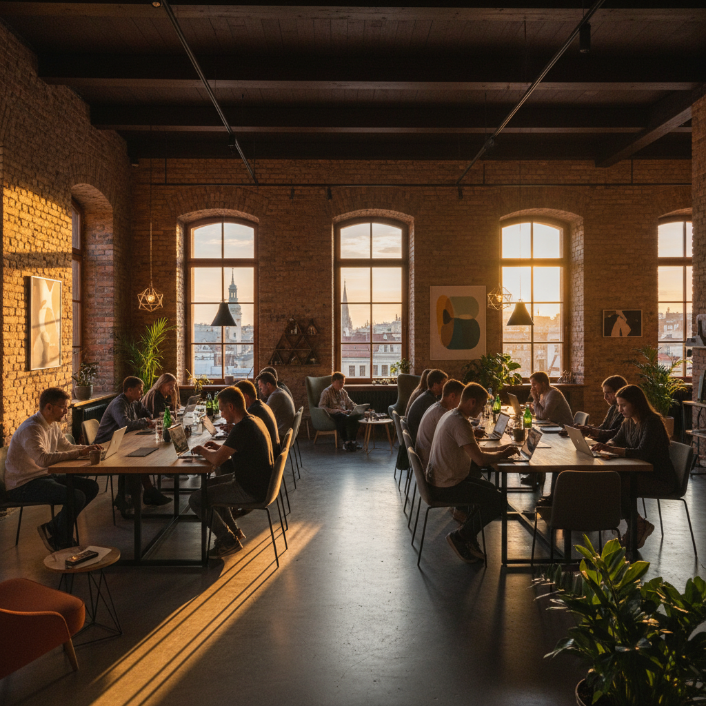 people working on laptops in a co-working space in Poland, horizontal