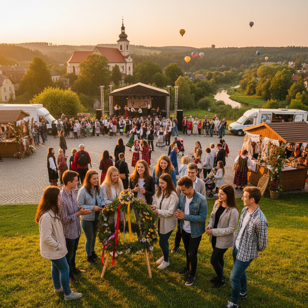 group of diverse young people joining a community event in Poland, horizontal