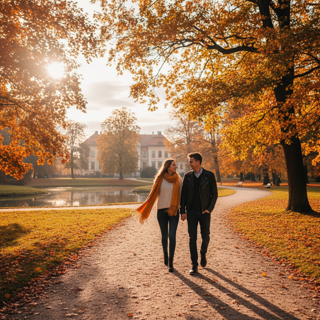 romantic couple walking in a park in autumn in Poland, horizontal
