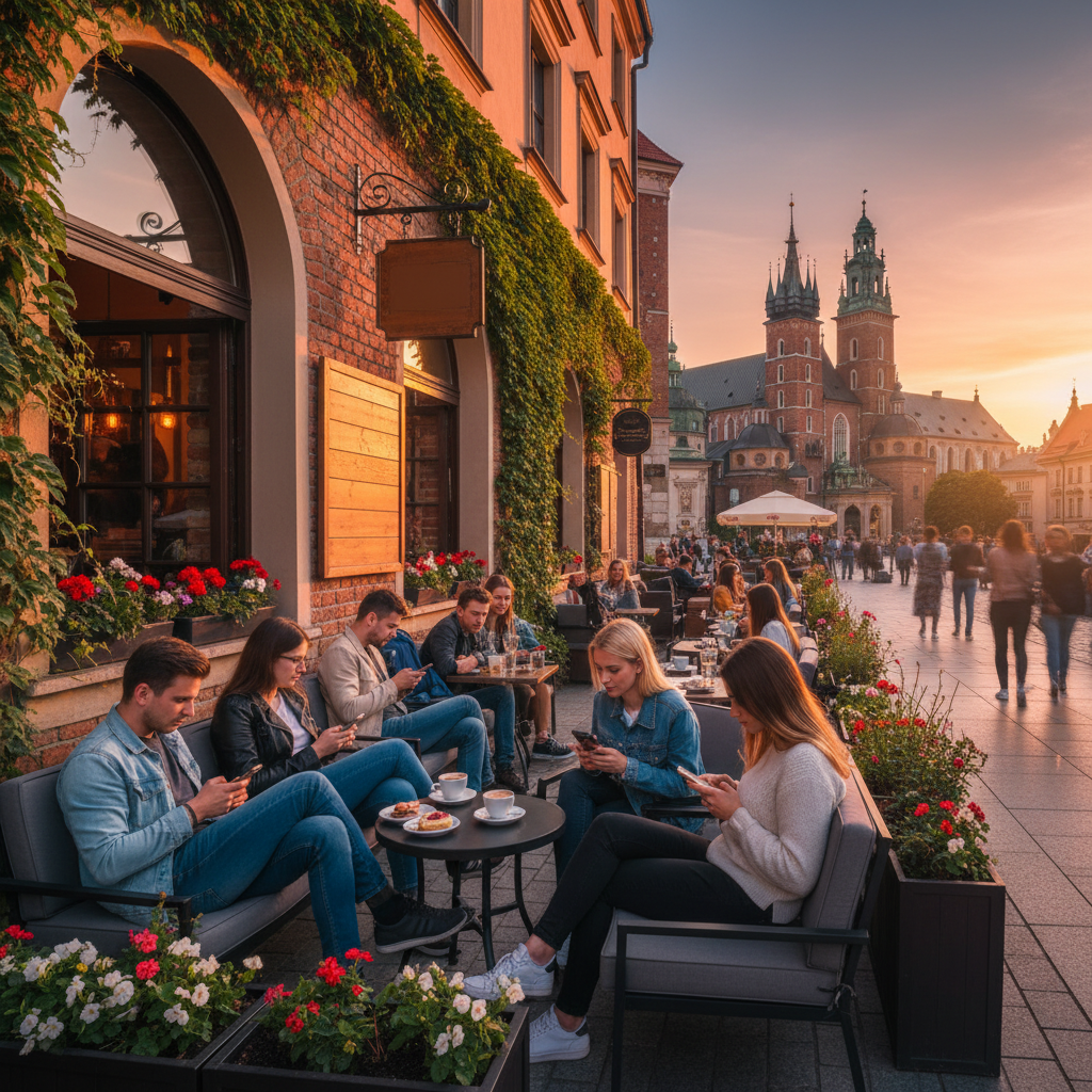 young adults using smartphones in a cafe in Krakow, horizontal