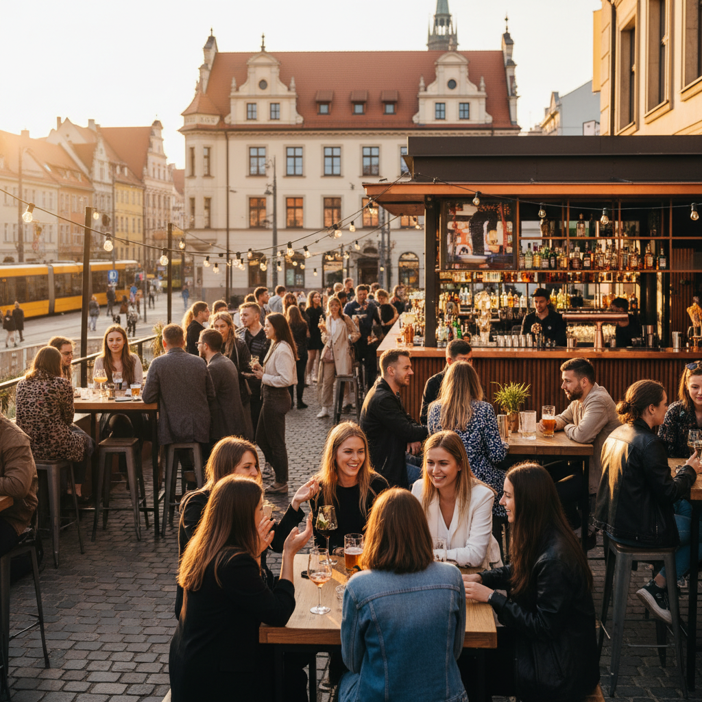 people socializing in a trendy bar in Wroclaw, horizontal