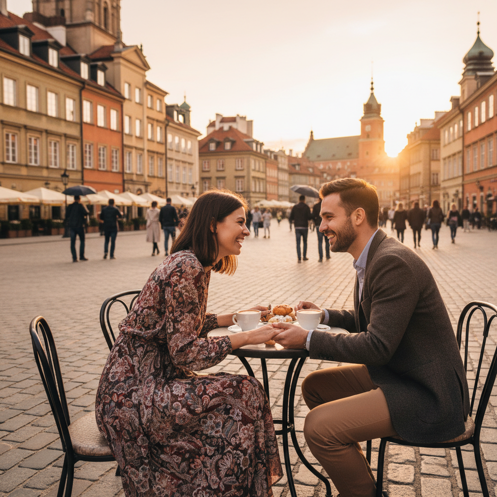 Polish couple cafe meeting smiling Warsaw