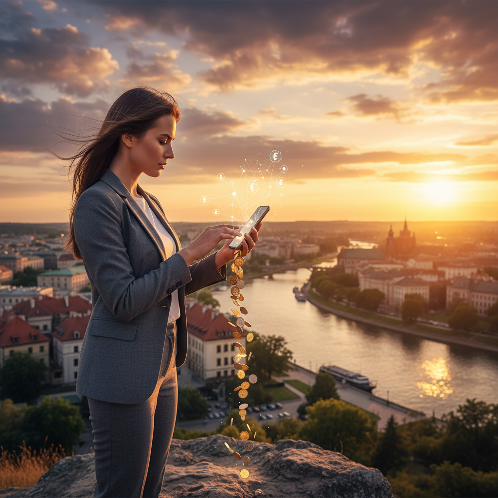 Polish young professional smartphone coins digital economy