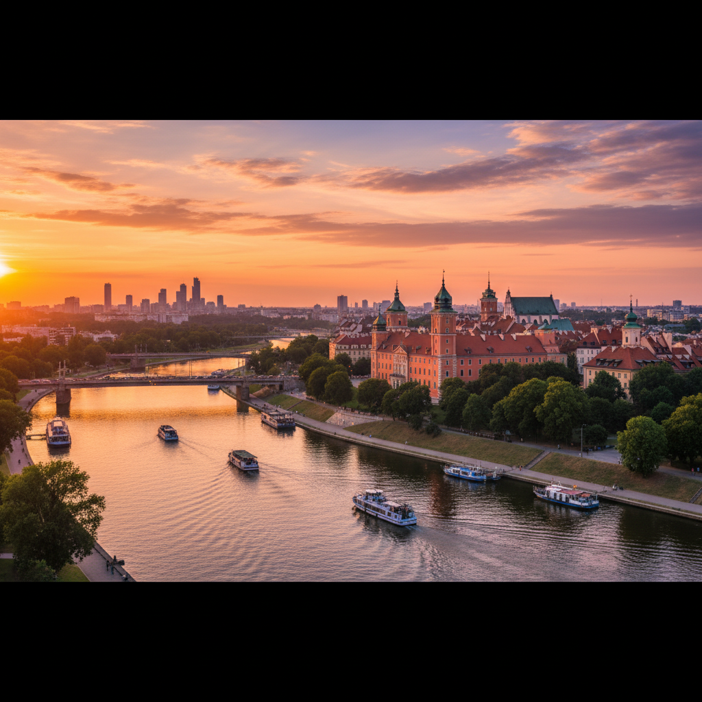 Warsaw Old Town skyline Vistula river sunset golden hour