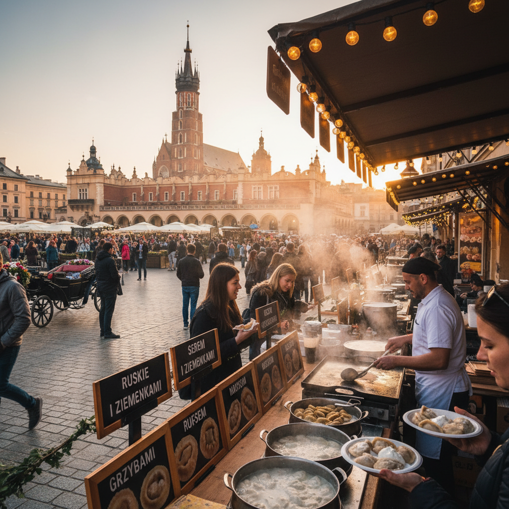Krakow Main Square street food pierogi night scene