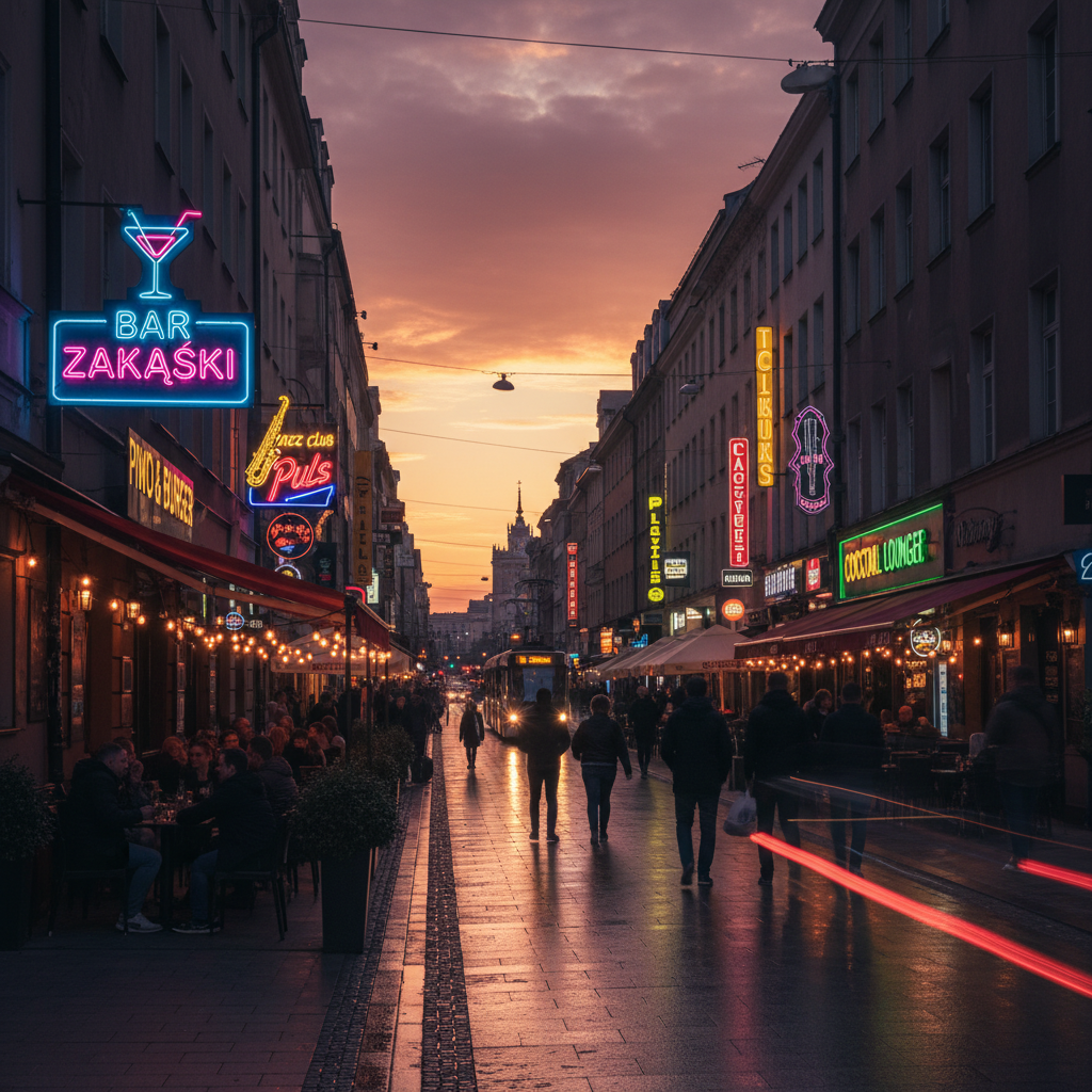 Warsaw Mazowiecka street nightlife bar neon lights