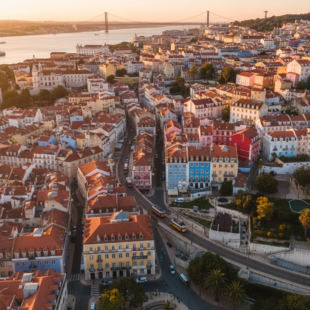 Lisbon colorful streets aerial view