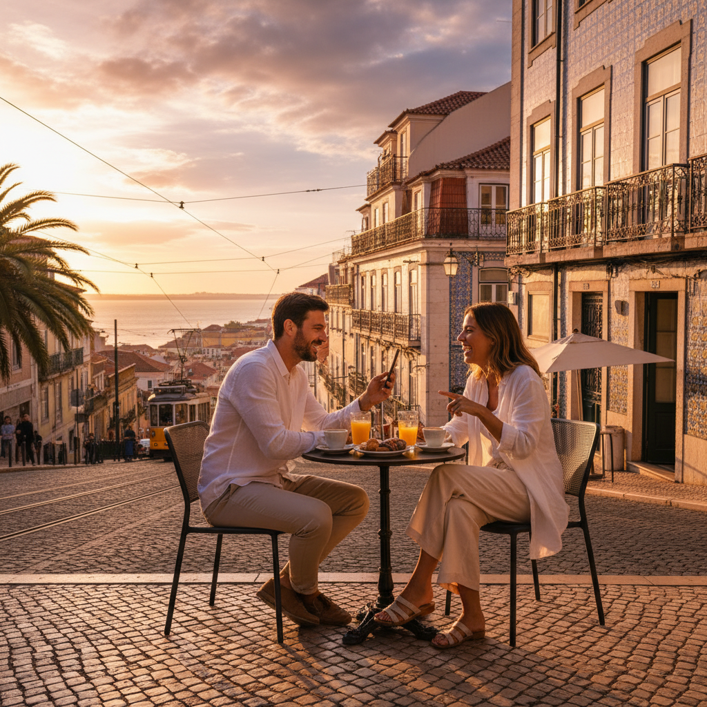 Couple on dating app in Lisbon cafe