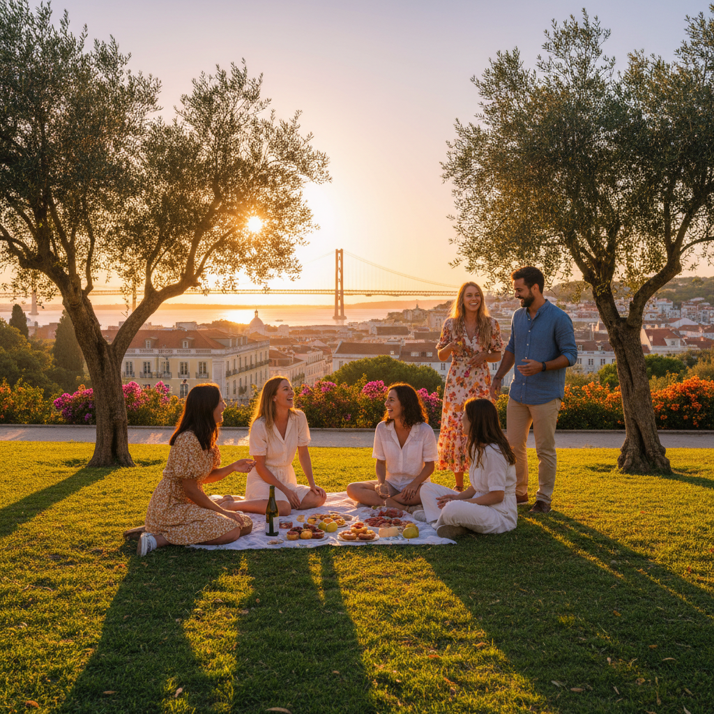 Group of friends socializing in park Portugal