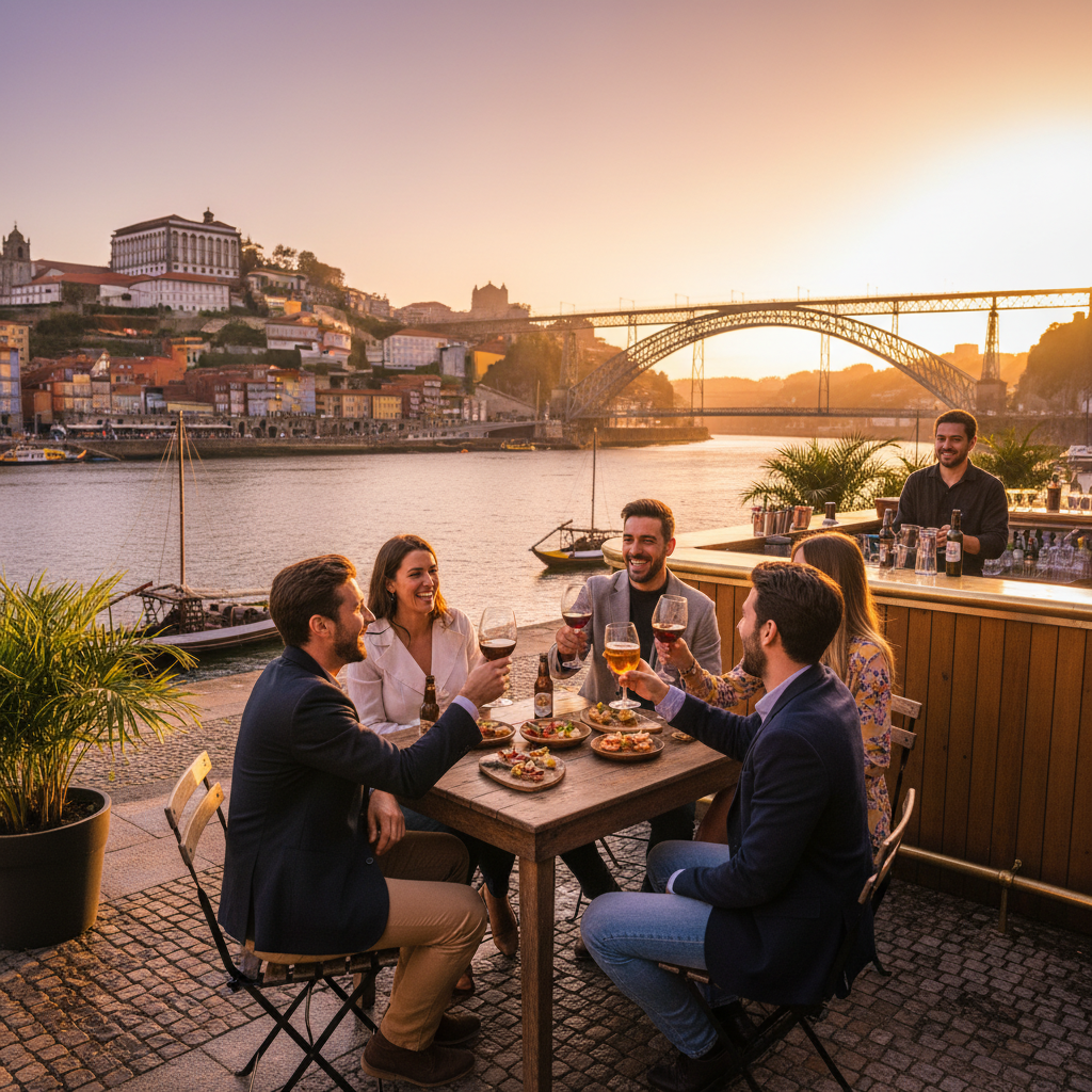 Friends meeting at a bar in Porto