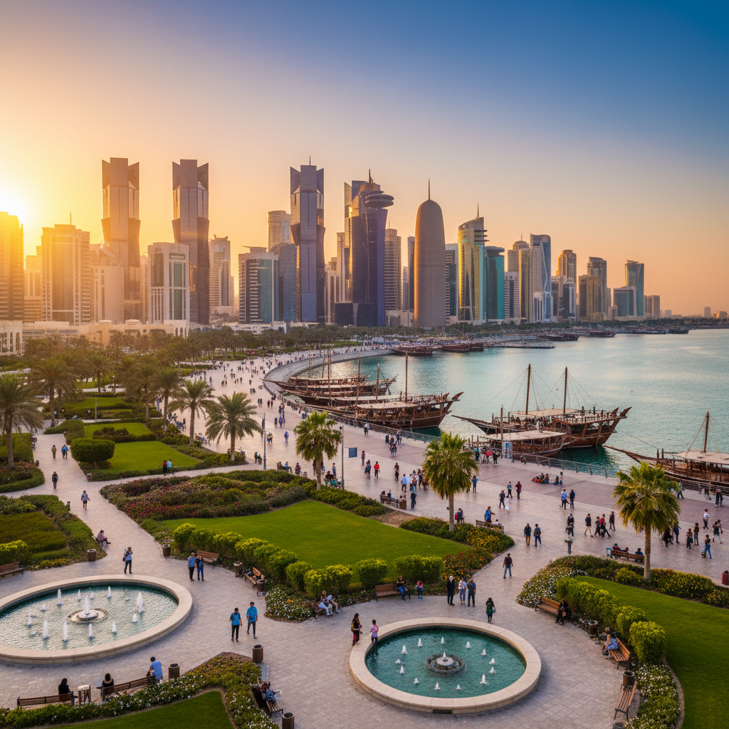 vibrant cityscape of Doha with skyscrapers, horizontal