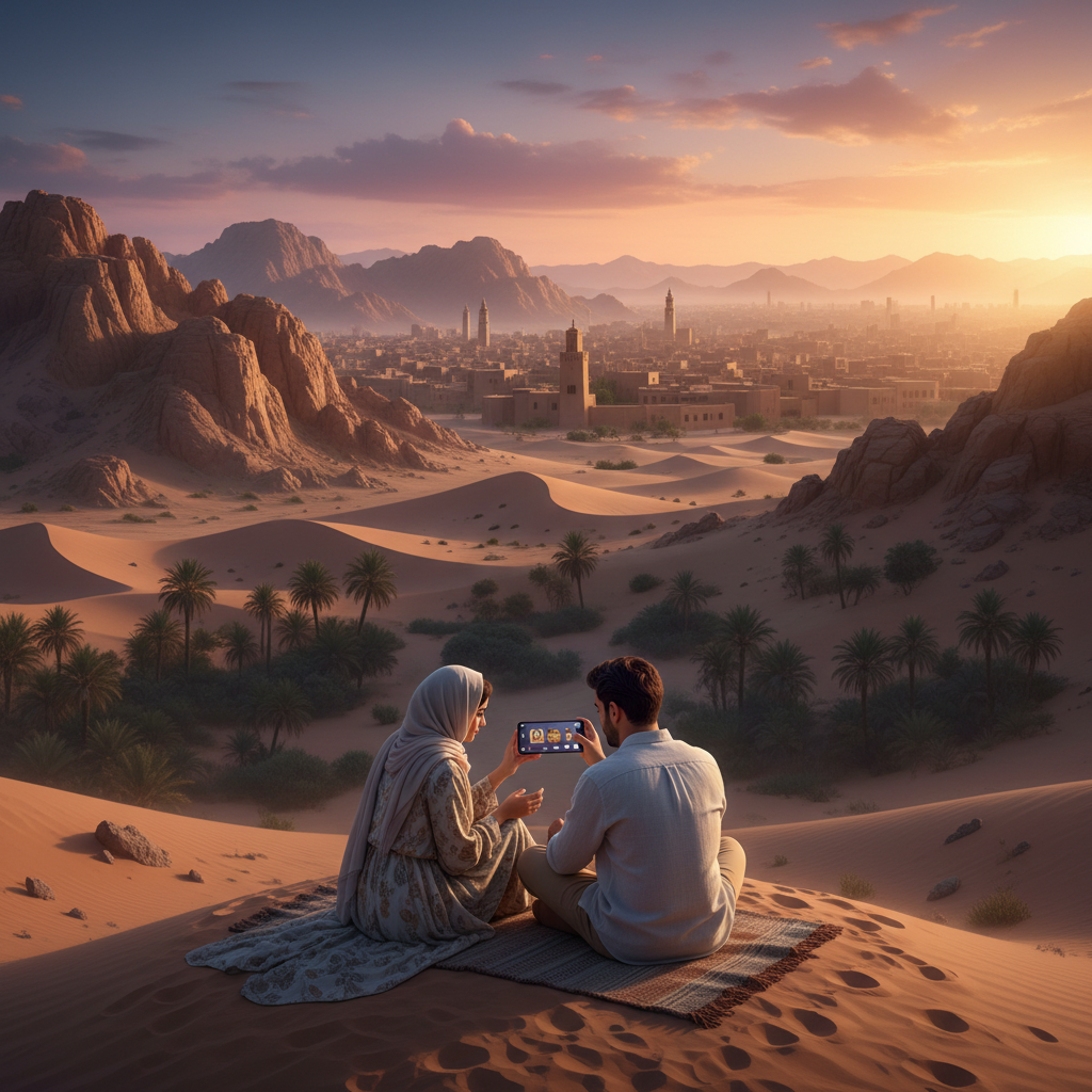 couple discreetly using a dating app on a phone in Qatar, horizontal