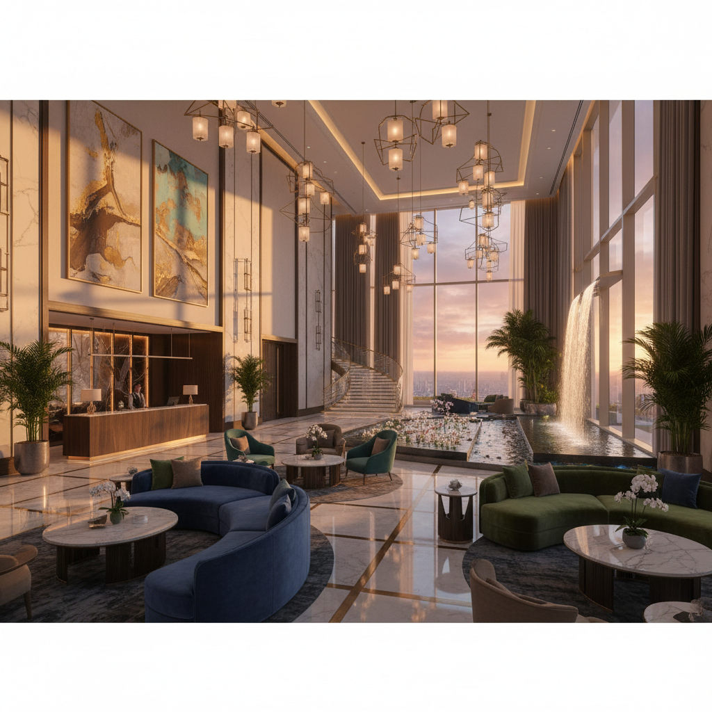 luxury hotel lobby in Doha with contemporary design, horizontal