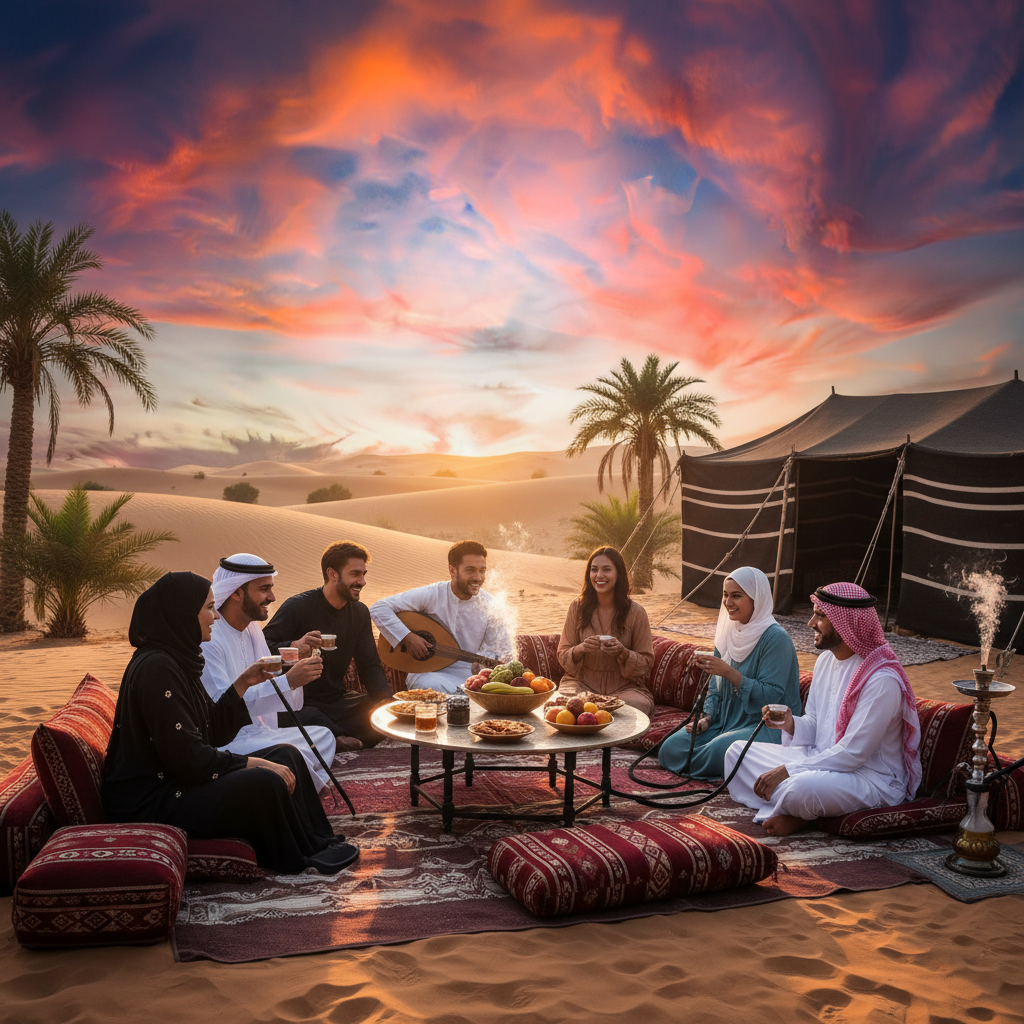 group of diverse friends joining together in a public square in Doha, horizontal