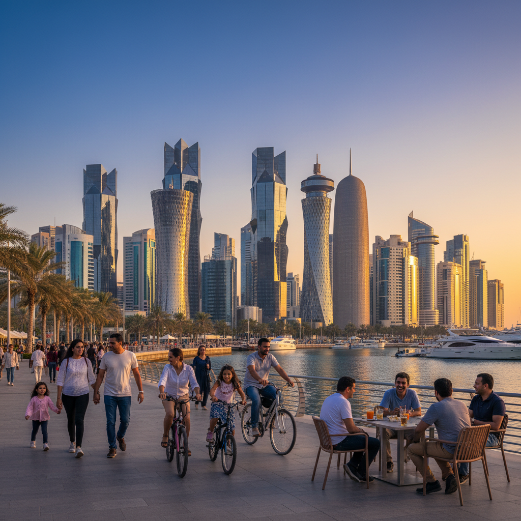 overview of Doha skyline at sunset, wide angle, horizontal