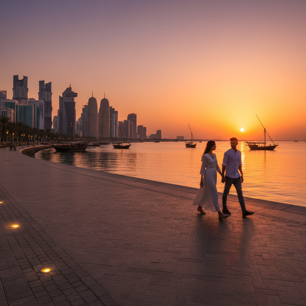 romantic dinner setting at a beachfront restaurant in Qatar, horizontal