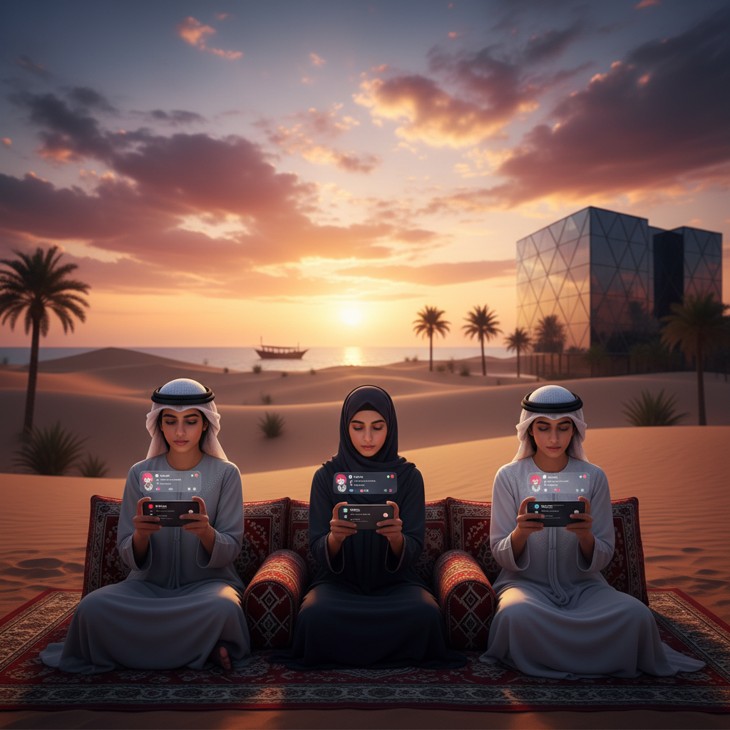 young adults using smartphones in a modern cafe in Qatar, horizontal