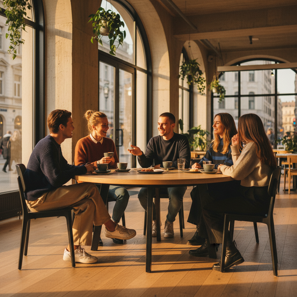 friends meeting at a popular cafe in The Pearl-Qatar, horizontal