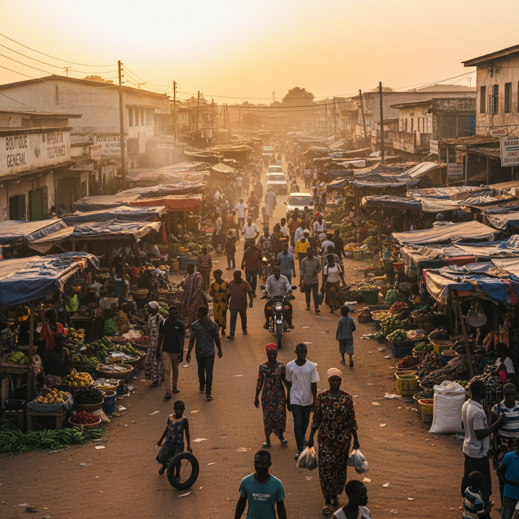 Bustling street scene in Pointe-Noire Republic of Congo showing markets and local businesses horizontal