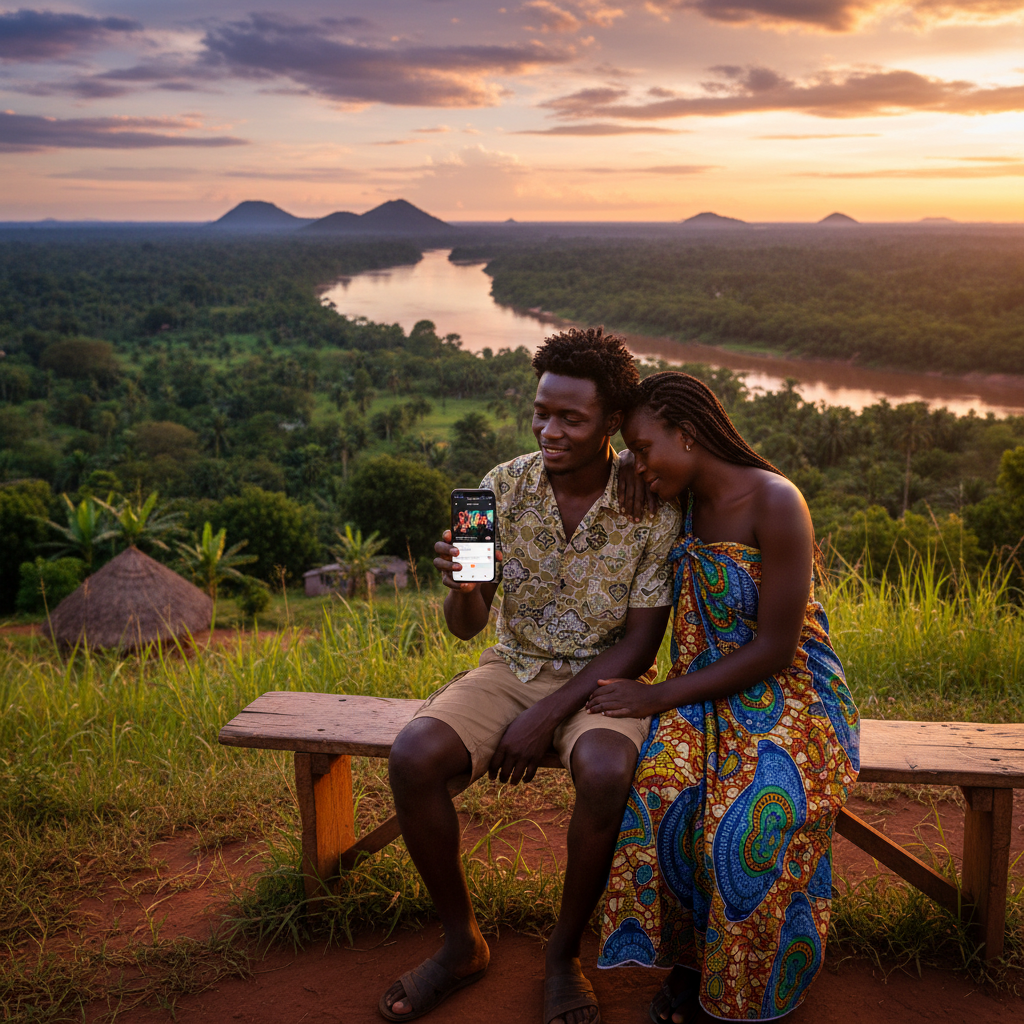 Couple in the Republic of Congo looking at a dating app on a smartphone in a casual setting horizontal