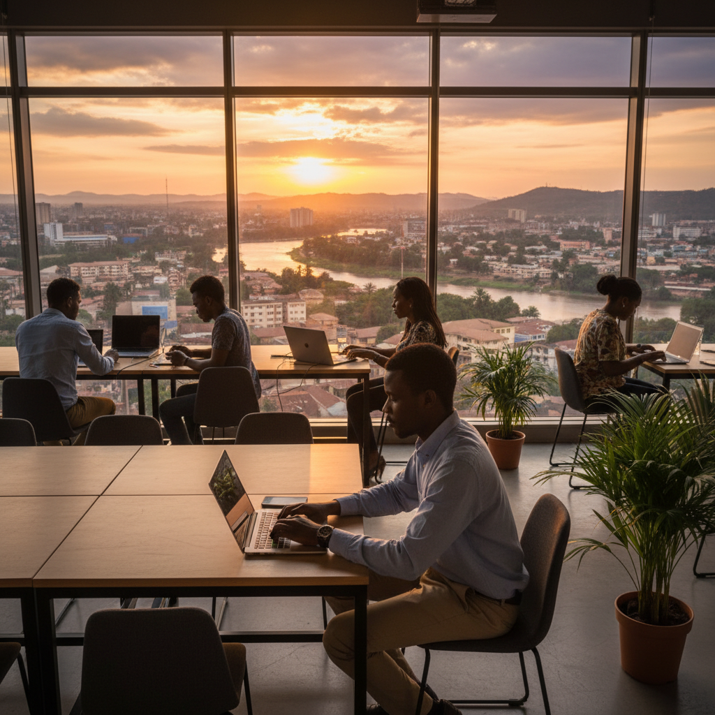 Entrepreneur in the Republic of Congo working on a laptop in a co-working space with city view horizontal