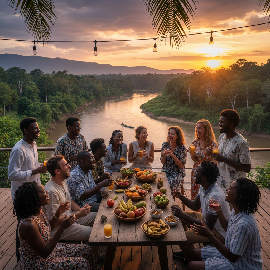 Diverse group of friends laughing and talking at a social gathering in the Republic of Congo horizontal