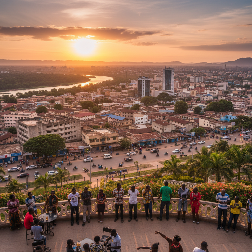 Republic of Congo cityscape skyline urban life panoramic view people socializing outdoors daytime horizontal