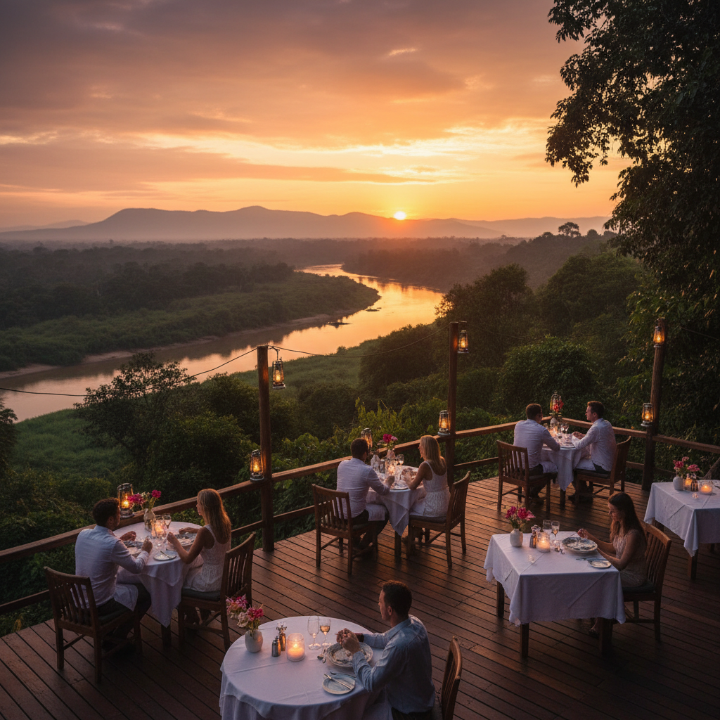 Romantic dinner setting in a restaurant in the Republic of Congo with soft lighting and couples horizontal