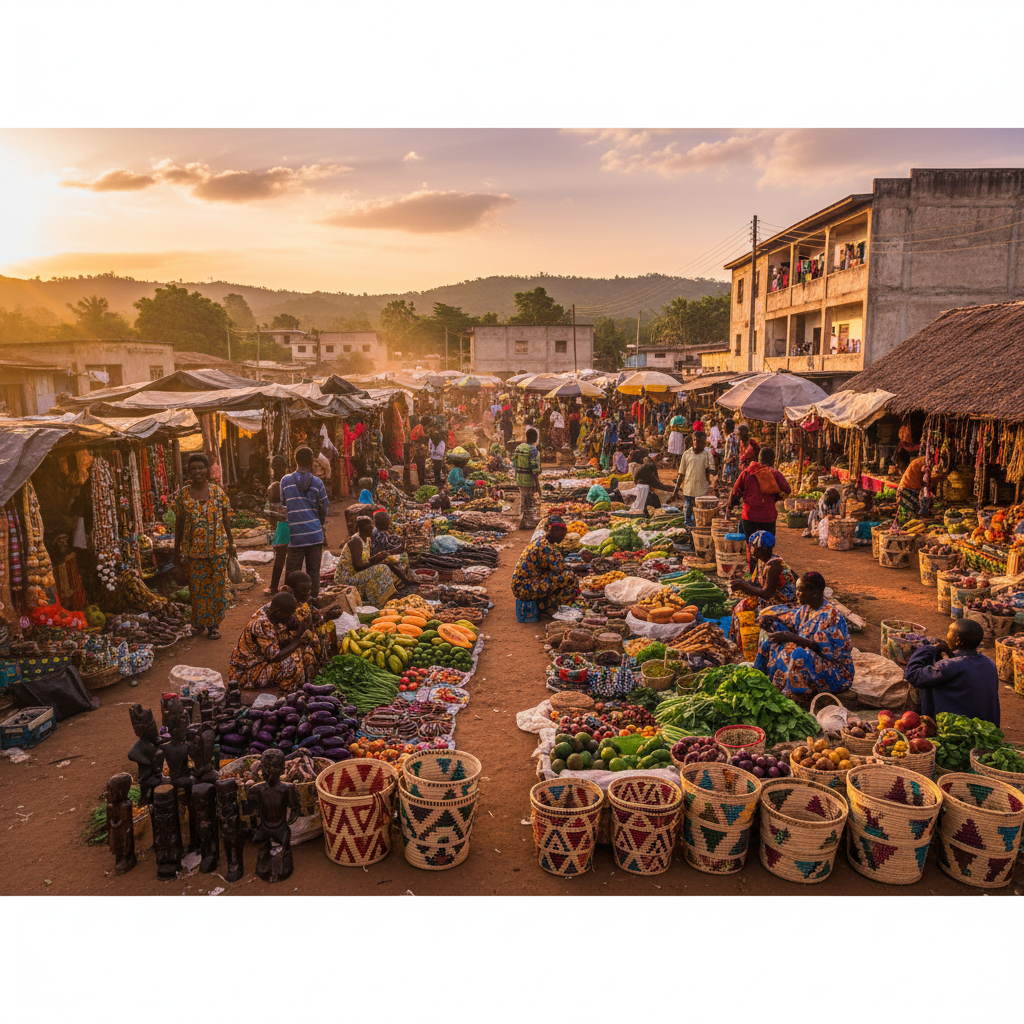 Local market in the Republic of Congo with vendors selling colorful crafts and produce horizontal